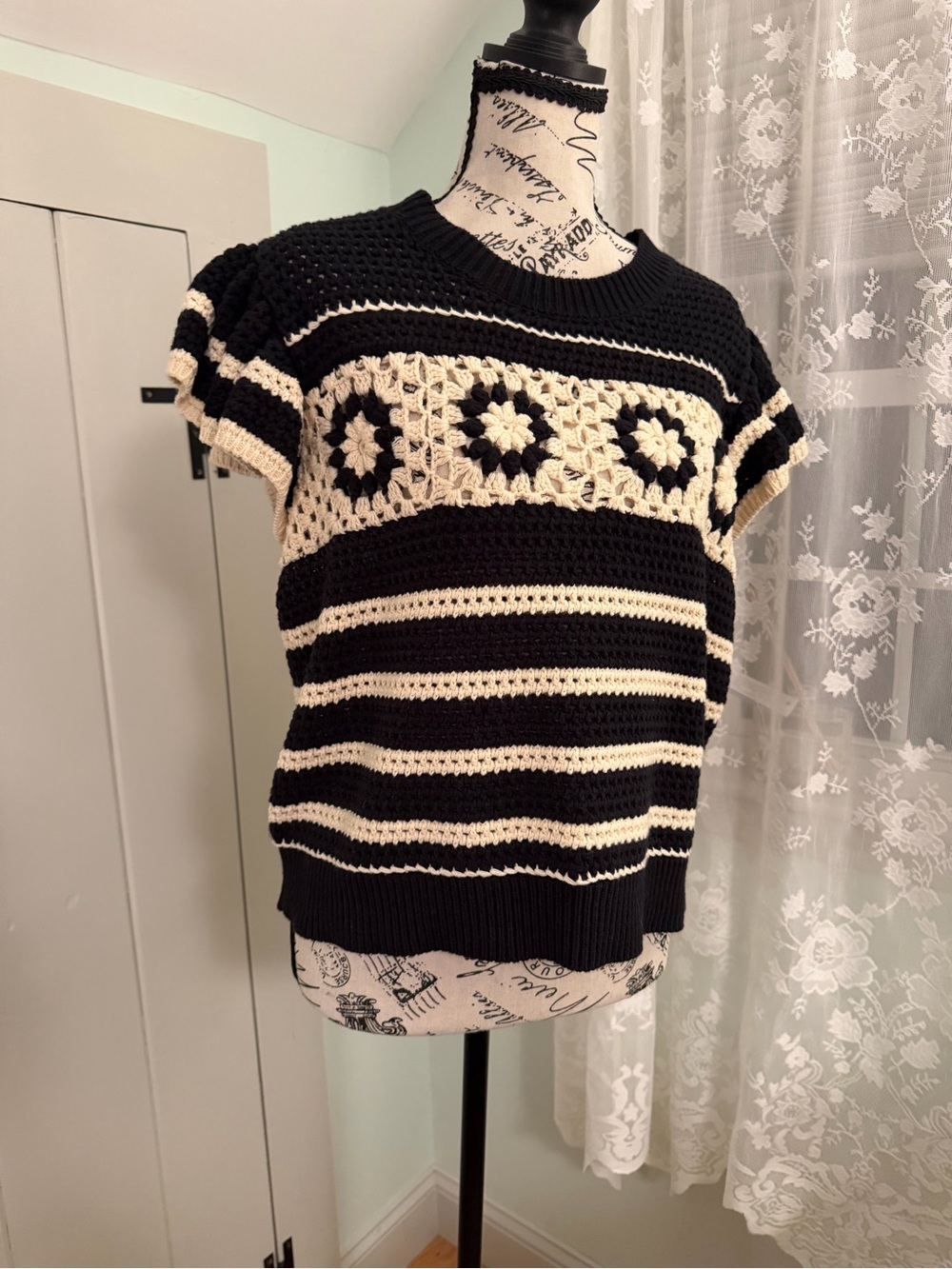 Rails Black & Cream Crocheted Crewneck Sweater